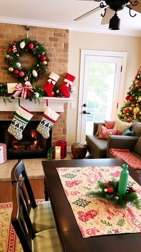 Cozy Christmas living room with fabric decorations including wreath, stockings, and table runner.